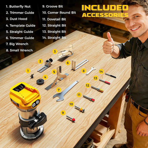 Cordless Wood Router Tool With 800W Brushless Motor Up To 30,000 RPM 6 Speed Settings Precise Depth Adjustment displayed with accessories on table
