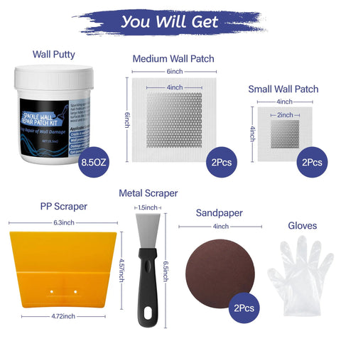 Drywall Repair Kit With Spackle And Patches, Scraper, Sandpaper And Gloves, 8.5 Ounce White Putty shown with contents