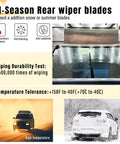 Infographic showing durability and temperature tolerance of Subaru 14 Inch Rear Wiper Blade Replacement For Forester Outback Impreza Tribeca Ascent And Honda CRV Fit Acura MDX RDX OE Quality Exact Fit Easy Install Rear Wiper Blade.
