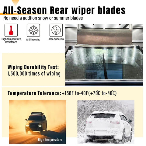 Infographic showing durability and temperature tolerance of Subaru 14 Inch Rear Wiper Blade Replacement For Forester Outback Impreza Tribeca Ascent And Honda CRV Fit Acura MDX RDX OE Quality Exact Fit Easy Install Rear Wiper Blade.