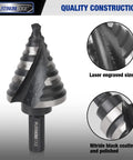 Pro Grade Workhorse 5 Piece High Speed Steel Step Drill Bit Set For Sheet Metal With 50 Hole Sizes Double Flute Cutting Nitride Black Coated