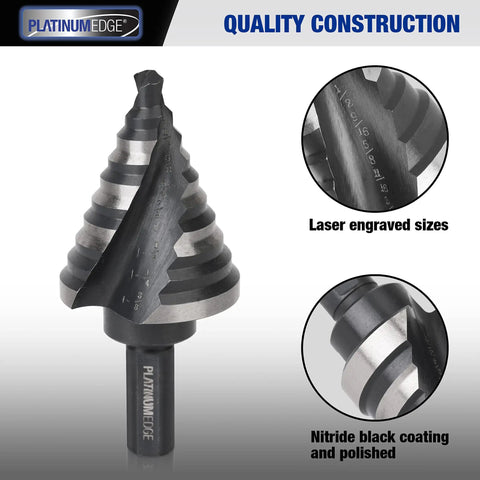 Pro Grade Workhorse 5 Piece High Speed Steel Step Drill Bit Set For Sheet Metal With 50 Hole Sizes Double Flute Cutting Nitride Black Coated