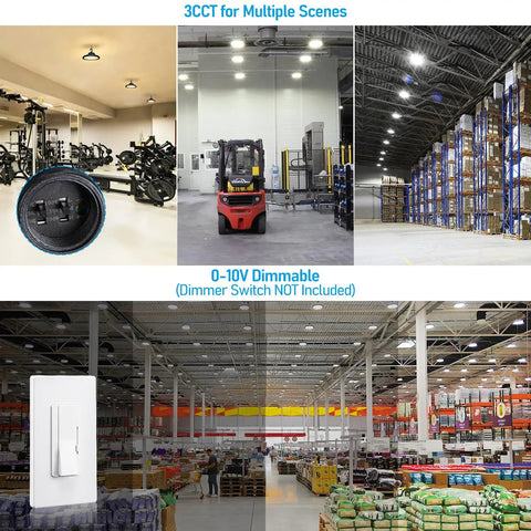 Three Power Modes Workhorse UFO LED High Bay Light Dimmable 0-10V 120-277V IP65 Aluminum in various commercial settings