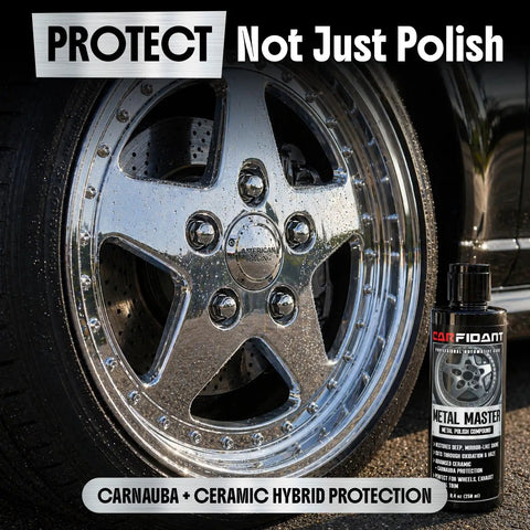Shiny car wheel with Metal Polish Kit With Applicator Pad That Restores Boss Shine And Removes Oxidation On Chrome Aluminum