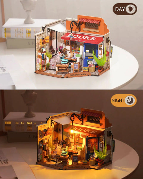 DIY Miniature Bookstore Kit 1 To 20 Scale With LED Lights Build Your Own Tiny House Craft Kit on a desk, day and night view.