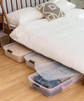 Heavy Duty 50 Quart Stackable Plastic Storage Bins With Snap Tight Secure Lids Clear Organizers For Home Office Dorm Room Garage No Sweat Bulk Pack Of Three under bed storing clothes.