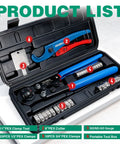 Two In One Ratchet PEX Crimping Tool Cinch And Remove Combo For PEX Pipe From Three Eighths Inch To One Inch With Cutter And Stainless Steel Clamps In Plastic Box DIY Ready Includes Twenty Five Half Inch Clamps And Ten Three Quarters Inch Clamps displayed in open plastic tool box with accessories.