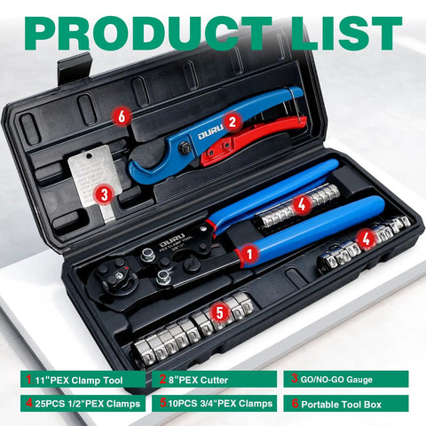 Two In One Ratchet PEX Crimping Tool Cinch And Remove Combo For PEX Pipe From Three Eighths Inch To One Inch With Cutter And Stainless Steel Clamps In Plastic Box DIY Ready Includes Twenty Five Half Inch Clamps And Ten Three Quarters Inch Clamps displayed in open plastic tool box with accessories.