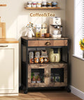 Real Deal Farmhouse Coffee Bar Cabinet And Three Tier Rolling Cart With Loaded Storage Drawer Sturdy Locking Casters Rustic Brown Wood Frame and leather trim, featuring coffee supplies.