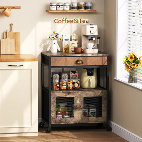 Real Deal Farmhouse Coffee Bar Cabinet And Three Tier Rolling Cart With Loaded Storage Drawer Sturdy Locking Casters Rustic Brown Wood Frame and leather trim, featuring coffee supplies.