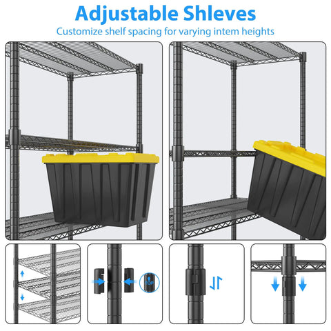 Beefy 4 Tier Wire Shelving Unit On Wheels 60 Inch Wide 24x60x72 Inches Holds Up To 2,400 Lbs Adjustable Metal Shelves For Garage Pantry And Kitchen Black Powder Coated Steel Heavy Duty Storage Rack with adjustable shelf spacing