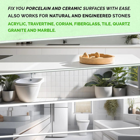 DIY Porcelain Repair Kit For Chips On Tiles Sinks And Tubs Clear Or White Finish Easy To Use Quick Fix No Pro Needed For Ceramic Quartz And More Works On Most Surfaces And Leaves A Durable Seamless Finish shown in kitchen and bathroom settings