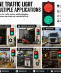 Heavy Duty Eight Inch LED Traffic Light With Toggle Switch Serving Up Blazing Red And Green Stop Go Signals For Unbeatable Sunlight Clarity On Busy Loading Docks Driveways And Garages shown in various applications like garages, warehouses, and construction sites.