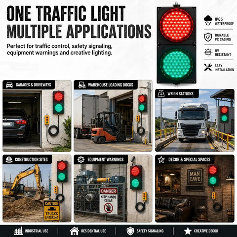 Heavy Duty Eight Inch LED Traffic Light With Toggle Switch Serving Up Blazing Red And Green Stop Go Signals For Unbeatable Sunlight Clarity On Busy Loading Docks Driveways And Garages shown in various applications like garages, warehouses, and construction sites.