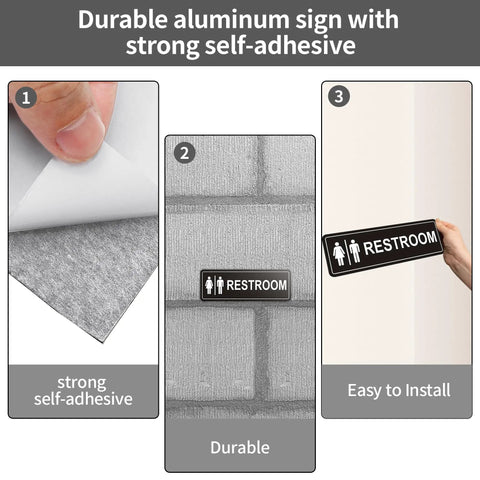 Two Pack Unisex Bathroom Signs For Doors Or Walls, Heavy Duty Metal Signs With Super Strong Adhesive, Easy Install, in use on grey wall