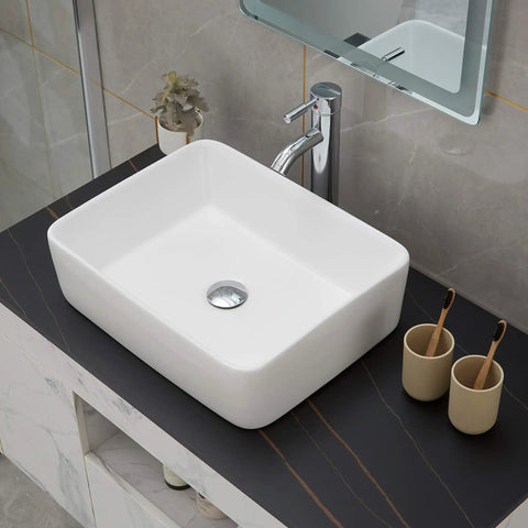 Rectangle Vessel Sink With Pop Up Drain Included For Above Counter Bathroom White Porcelain Ceramic Vanity Basin 14.6 X 18.9 X 5.2 Inches Without Faucet Hole