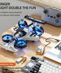 Dual Mode RC Plane Car Toy For Kids Ages 4 To 12 2 In 1 Foam Jet Drone with controller on desk, charging setup visible