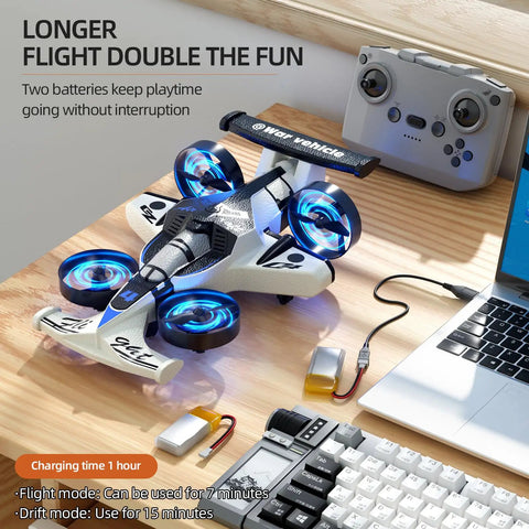 Dual Mode RC Plane Car Toy For Kids Ages 4 To 12 2 In 1 Foam Jet Drone with controller on desk, charging setup visible