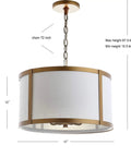17 Inch Gold And White Metal LED Pendant Light With White Linen Drum Shade For Kitchen Island And Dining Room A Sleek Modern Transitional Ceiling Fixture That Brightens Your Space Includes Four LED Bulbs in side view. Adjustable height with metal chain and drum shade details visible.