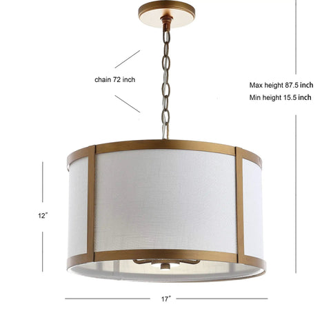 17 Inch Gold And White Metal LED Pendant Light With White Linen Drum Shade For Kitchen Island And Dining Room A Sleek Modern Transitional Ceiling Fixture That Brightens Your Space Includes Four LED Bulbs in side view. Adjustable height with metal chain and drum shade details visible.