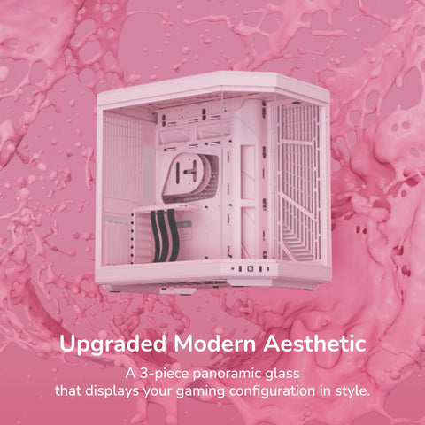 Modern Gaming Pc Case Featuring Panoramic Glass And Sleek Dual Chambers Built For Stress Free Atx Builds Fueled By Lightning Airflow Through Tidy Wire Runs Includes A Flossy PCIe 4.0 Riser Cable In Strawberry Pink, showcasing an open interior.