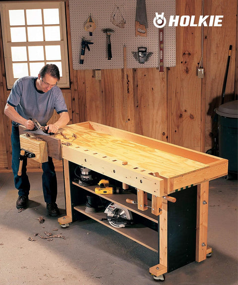 Workshop with wooden workbench and tools, showing Holkie branding in a well-lit garage space.