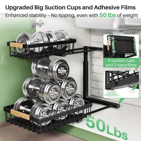 Heavy Duty Under Sink Organizer With Smooth Metal Slide Out Drawers That Are A Total Knockout For Taming Messy Cabinets And Handling The Heavy Lifting Around The House In Black Two Pack with weights in metal baskets.