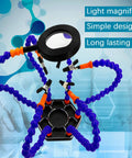 Five Arm Helping Hands With Led Magnifier For Electronics Soldering And PCB Workbench Organizer on blue background
