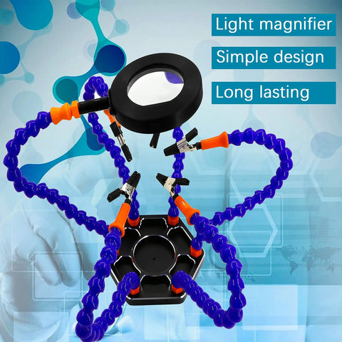 Five Arm Helping Hands With Led Magnifier For Electronics Soldering And PCB Workbench Organizer on blue background