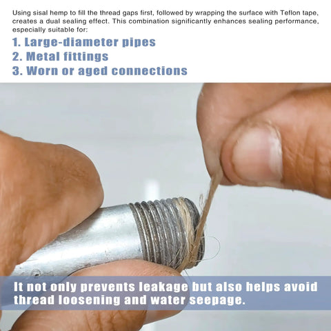 Close-up of hands using 4 Rolls One Half Inch By 520 Inch PTFE Thread Seal Tape Premium Teflon Tape For Plumbing And Shower Heads with plumbers hemp