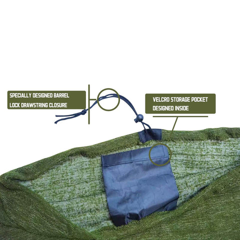 Close-up of Fabric Sock For Nine Foot Six Longboard With Rounded Nose In Treetop Green Surfboard Cover, showing drawstring and pocket.