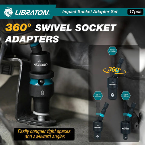 All In One 17 Piece Impact Socket Adapter Set For One Quarter Inch, Three Eighths Inch, And One Half Inch Square Drive With Quick Release Bit Holders And 360 Degree Swivel Adapters Pro Grade Heavy Duty Drill Accessory Kit, 360° swivel adapter set