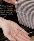 Dirty cabin air filter showing dust affecting vehicle air quality with focus on issue described in text