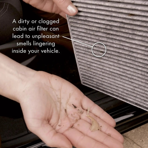 Dirty cabin air filter showing dust affecting vehicle air quality with focus on issue described in text