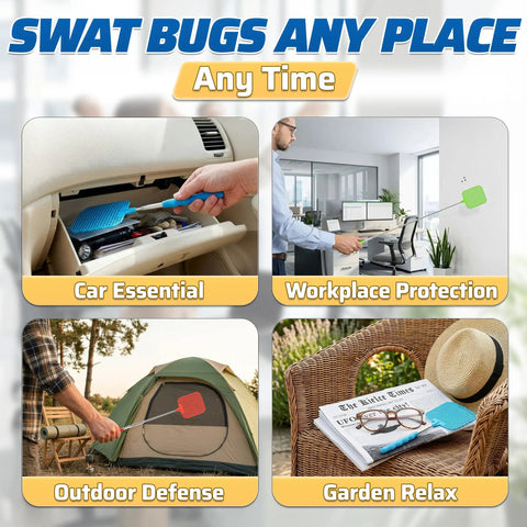 Four images showing Three Pack Telescoping Fly Swatters With 28.6 Inch Stainless Steel Handles for indoor and outdoor use.