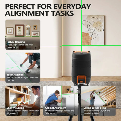 Pocket Cross Line Green Laser Level With Pendulum Lock projecting green lines for picture hanging, cabinets, tile, and DIY projects.