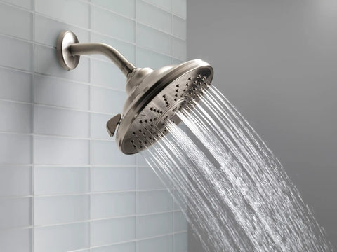 3 Spray Touch-Clean Shower Head In Venetian Bronze Finish, High-Pressure Full-Body Sprays, Easy-Clean Nozzles on tiled wall
