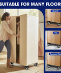 Side view of light wood cabinet on four 4-inch locking caster wheels with brakes
