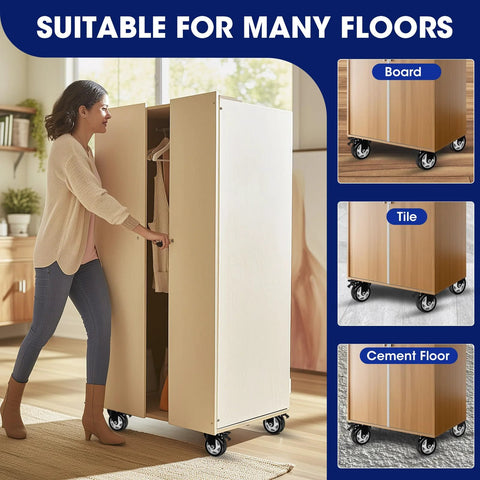Side view of light wood cabinet on four 4-inch locking caster wheels with brakes