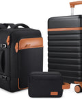UKEIN 3-piece luggage set: 20-inch black hardside spinner suitcase with tan accents, plus black backpack and pouch.