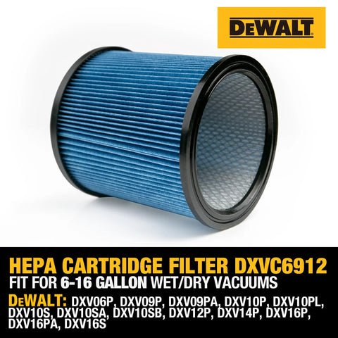 HEPA Vacuum Filter Replacement DXVC6912 For 6-16 Gallon Wet Dry Shop Vacuums, pleated blue design, fits various DEWALT models.
