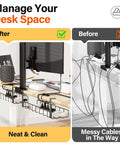 Before and after of desk with 2 Pack Under Desk Cable Management Tray With Upgraded Clamp No Drill Wire Organizer 31.4 Inch Metal Desk Cord Rack