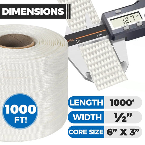 Badass Heavy Woven Pallet Strapping Tape One Thousand Foot Roll Half Inch Wide with dimensions displayed.