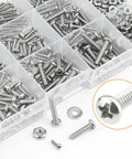 Heavy Duty Pro Grade 560 Piece Phillips Pan Head Machine Screw And Hex Nut Washer Assortment Kit showing organized stainless steel screws.