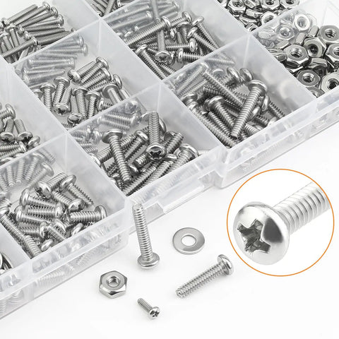 Heavy Duty Pro Grade 560 Piece Phillips Pan Head Machine Screw And Hex Nut Washer Assortment Kit showing organized stainless steel screws.