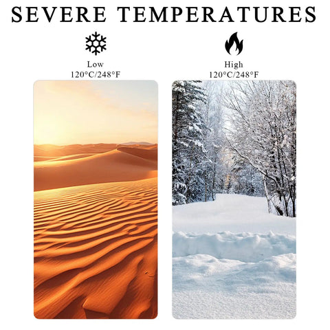 Image showing desert with sand dunes for low temperature and snowy forest scene for high temperature, marked as 120°C/248°F.