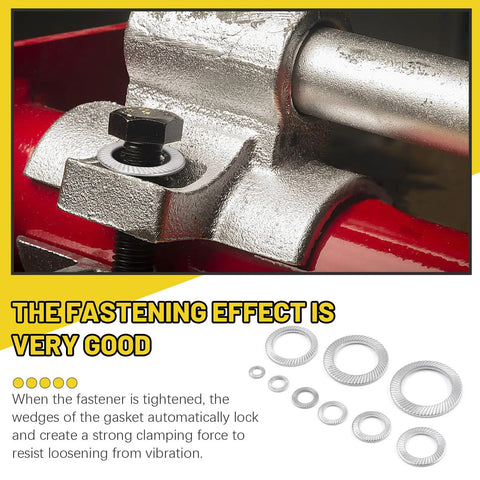 Close-up of M10 bolt with a 304 stainless steel wedge locking washer demonstrating effective anti-vibration clamping.