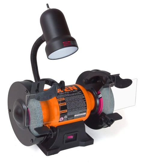 Heavy Duty 6 Inch Bench Grinder Rig With Rock Solid Cast Iron Stand And Handy Water Pot Tray For Tough Metalwork And Quick Tool Sharpening Chores shown with adjustable lamp and tool rests.