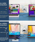 15.6 Inch Portable Monitor With 1080P IPS, Plug And Play USB C HDMI, shown with dual connection to a laptop via USB-C and HDMI.