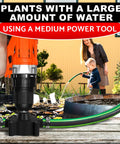 Portable Electric Drill Powered Water Transfer Pump being used for garden watering with hose and adjustable RPM setup